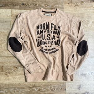Born Fly Men’s XL Long sleeve Sweatshirt Brown Elbow Patch Appliqué Anytown USA